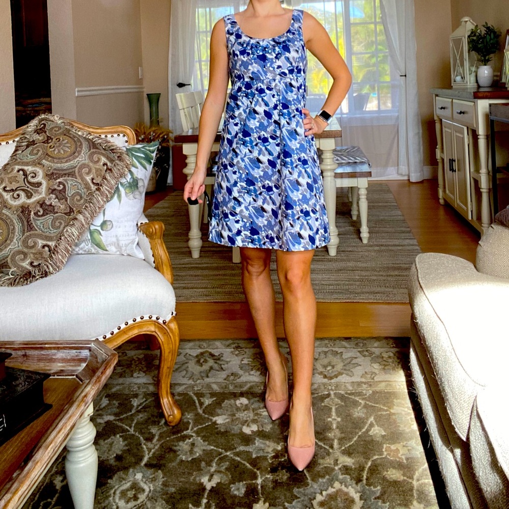 00p loft baby doll dress blue and white